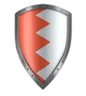 A digital graphic of a shield with a silver border, featuring a red and white chevron pattern on a white background.