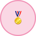 A gold medal with a star on the front, hanging from a red, white, and blue ribbon, centered inside a large light pink circle.